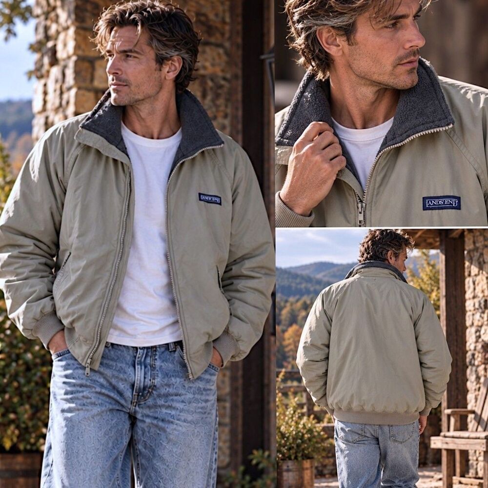 Vtg Lands End XL Tall Squall Jacket Zip Khaki Fleece Lined Bomber Workwear